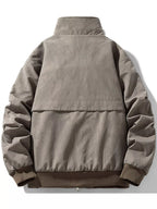 Gray jacket with a contrasting brown trim on a white background