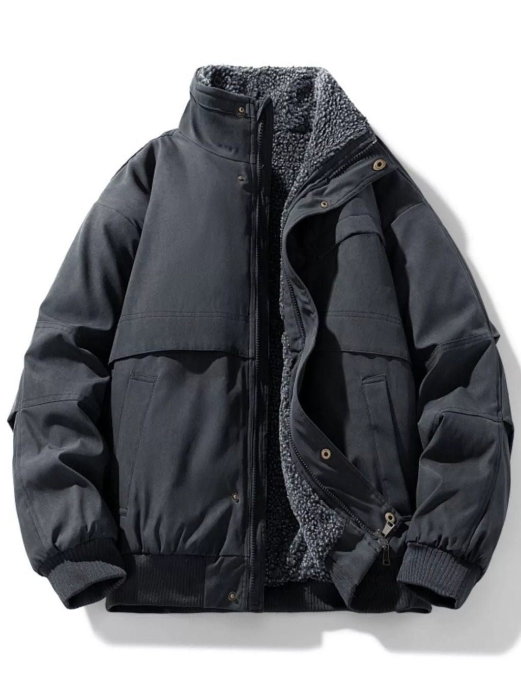 Dark gray jacket with sherpa lining on a white background