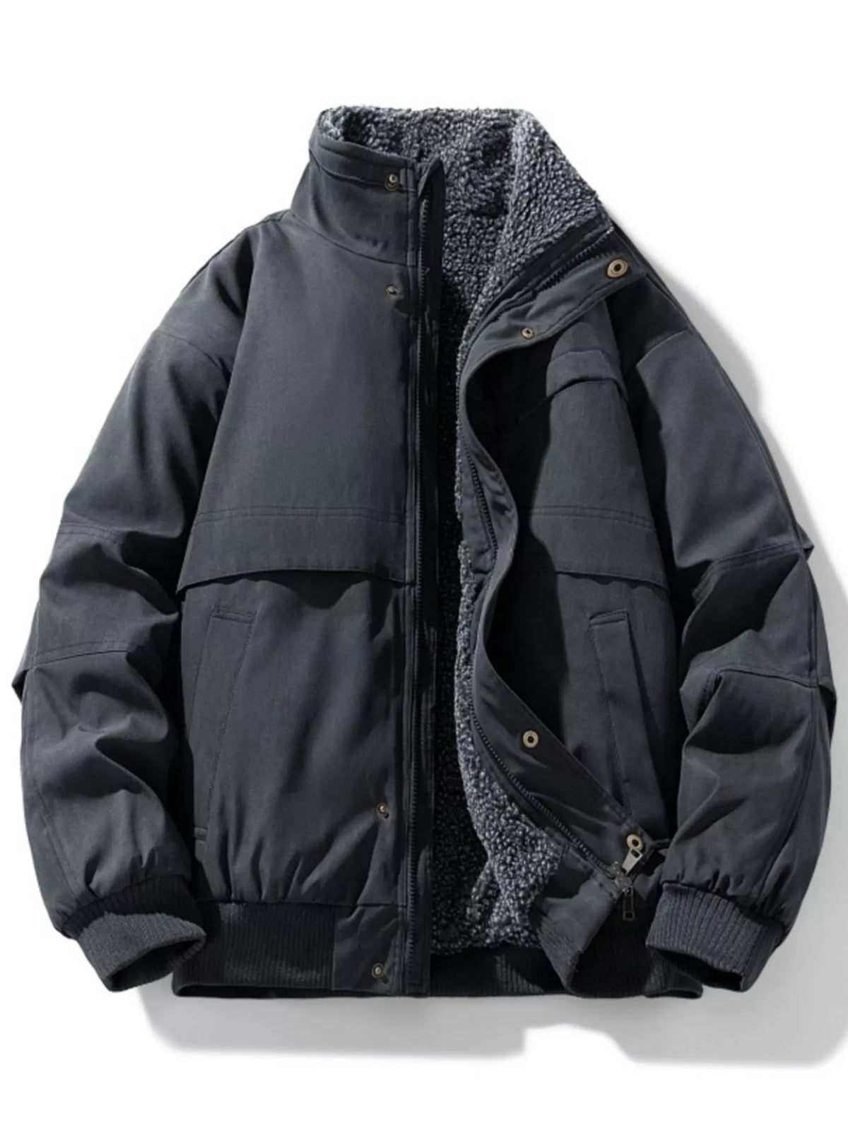 Dark gray jacket with sherpa lining on a white background