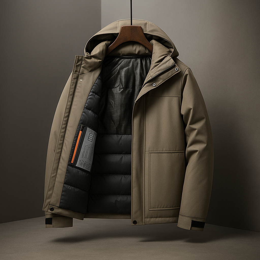 Beige winter jacket with black lining on a hanger against a gray background