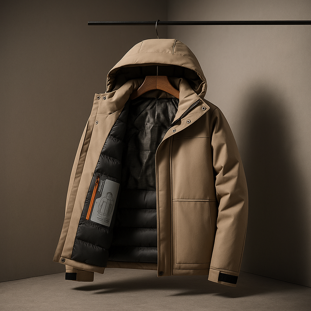 Beige winter coat with a hood on a hanger against a neutral background