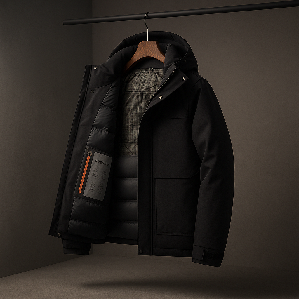 Black jacket with a hood on a hanger against a dark background