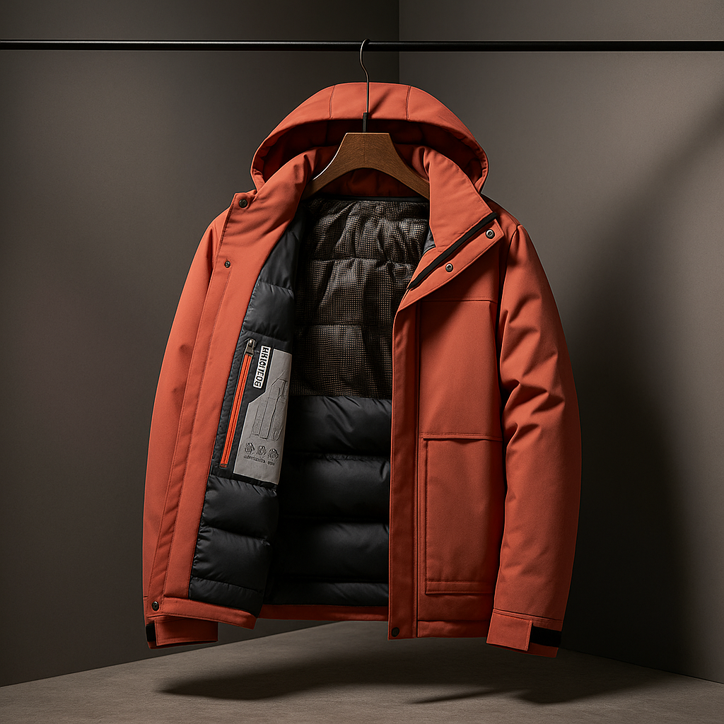 Orange winter jacket with black lining on a hanger against a dark background