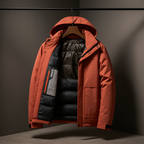 Orange winter jacket with black lining on a hanger against a dark background