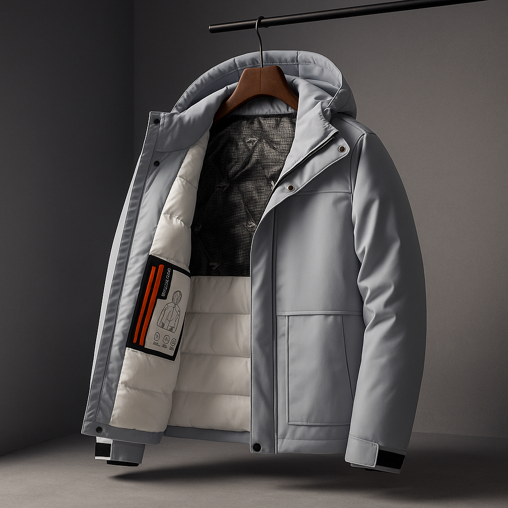 Gray winter jacket with a hood on a hanger against a gray background