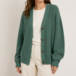 A woman wearing a sage green ribbed knit cardigan with brown buttons over a white top and cream pants, photographed against a plain light background.