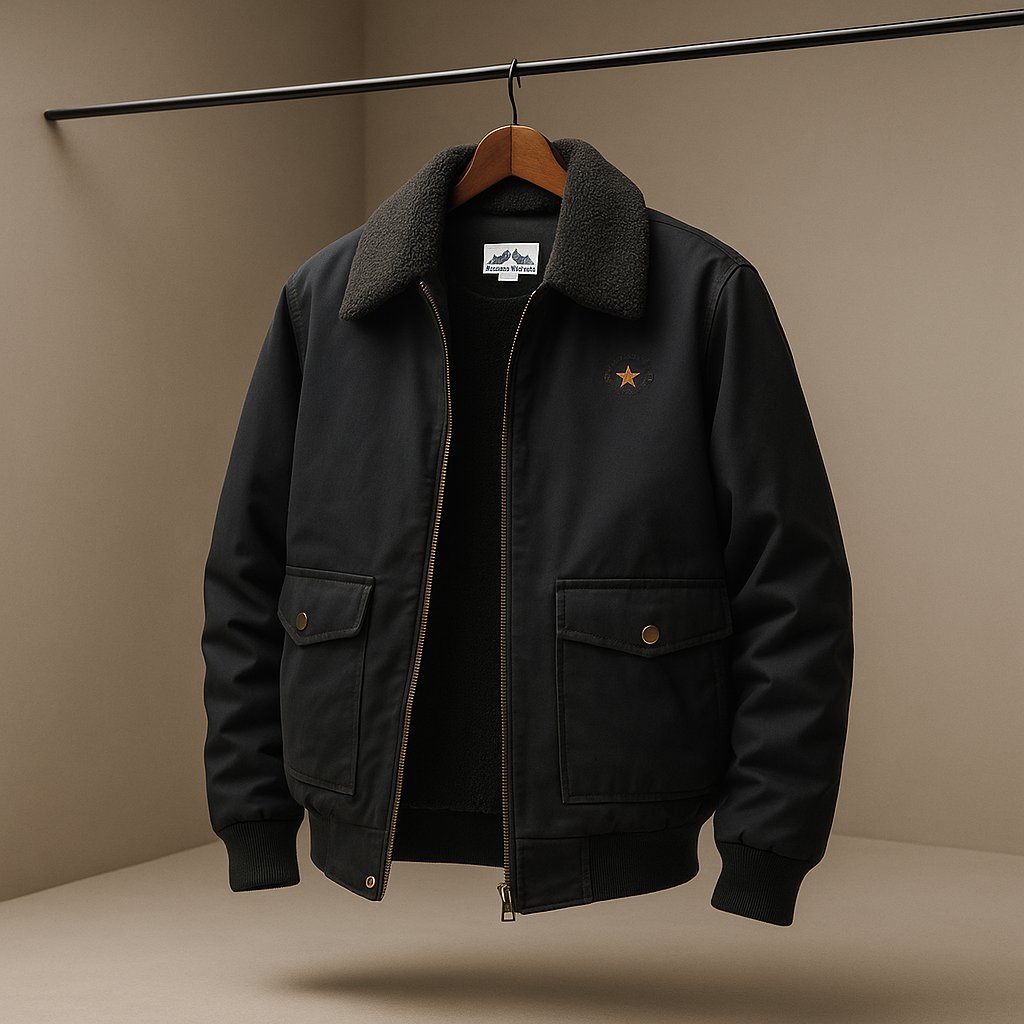 Black jacket with a small star emblem on a hanger against a beige background