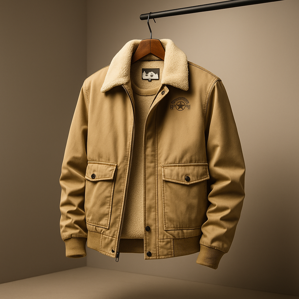 Beige jacket with shearling collar on a hanger against a brown background