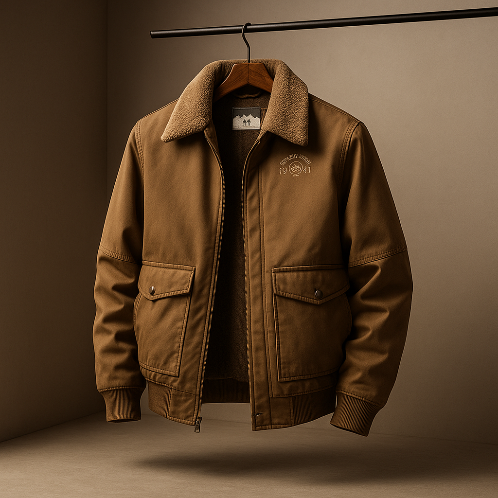 Brown jacket on a hanger against a brown background