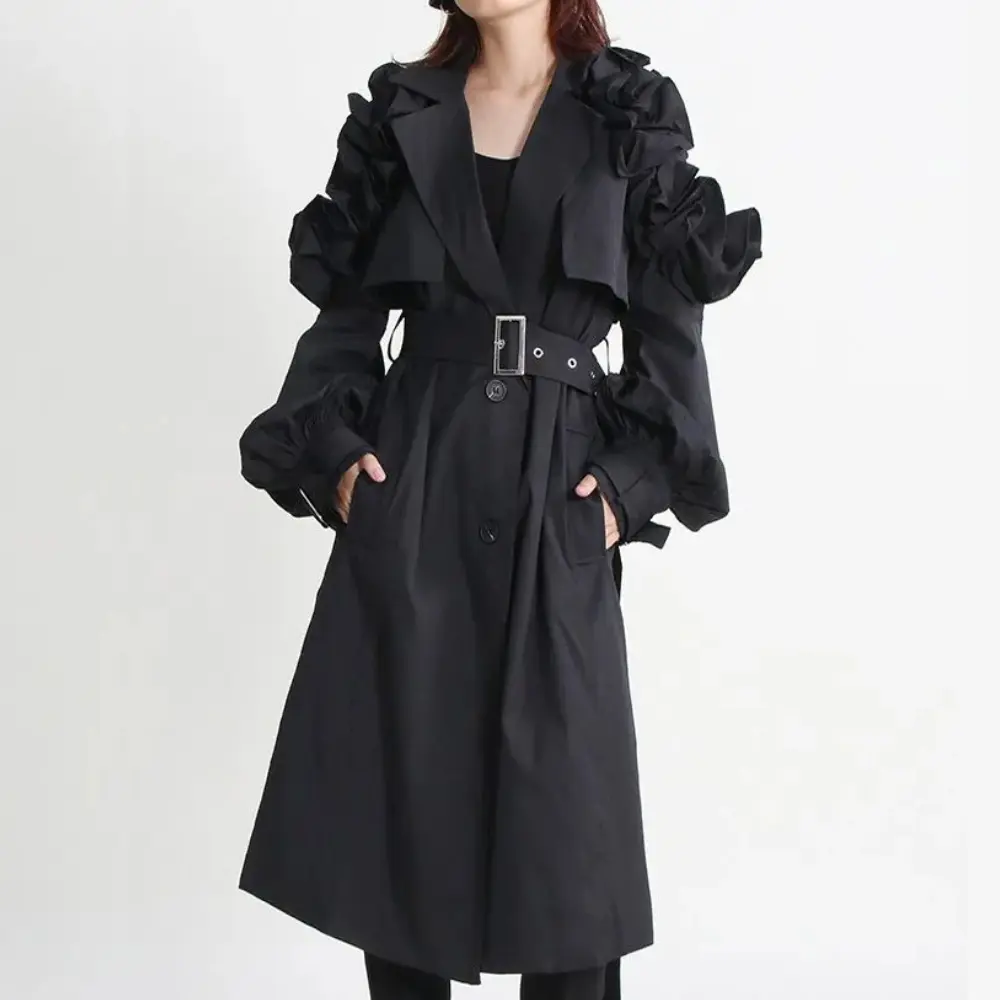 Women's Ruffle Belted Coat | Elegant Tailored Trench