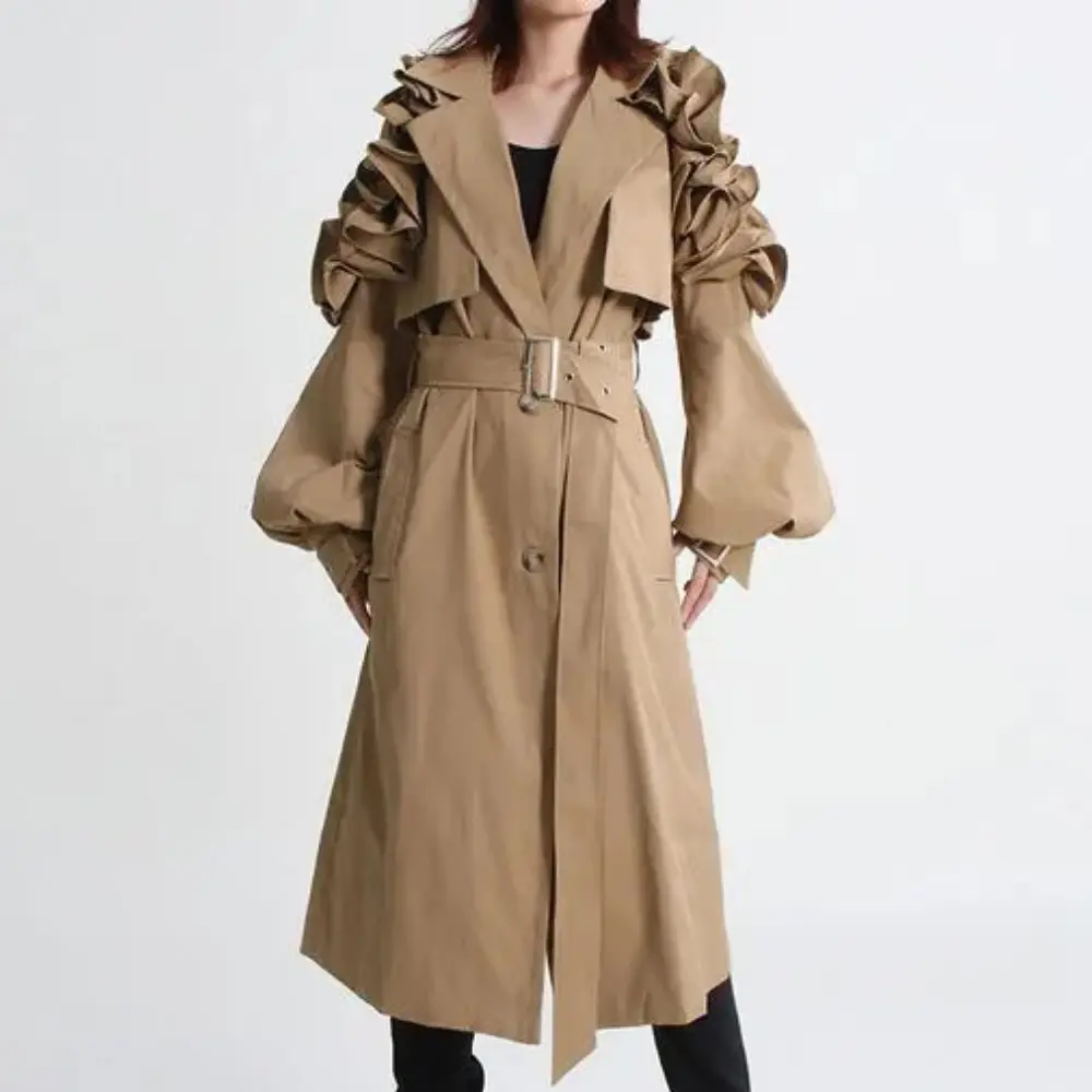 Women's Ruffle Belted Coat | Elegant Tailored Trench