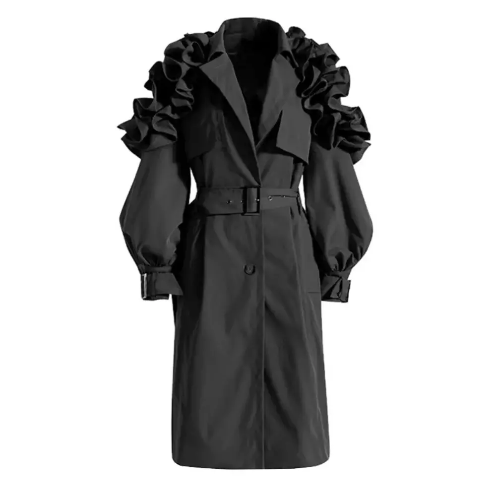 Women's Ruffle Belted Coat | Elegant Tailored Trench