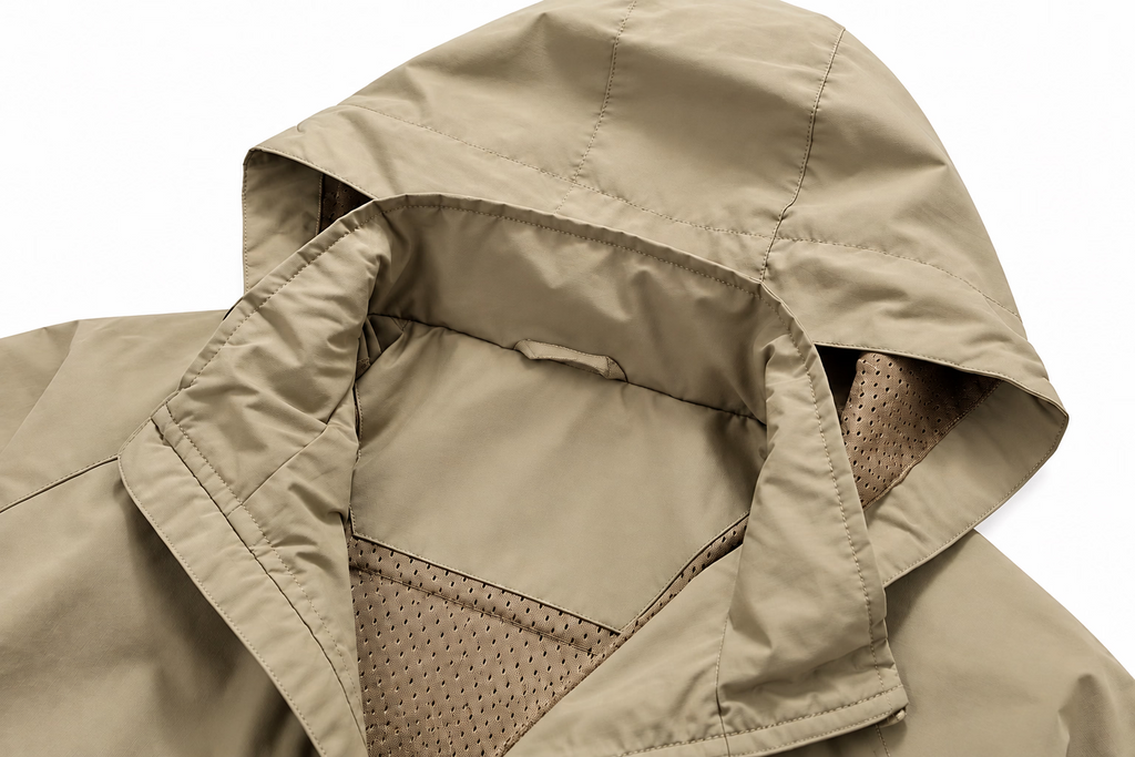 Close-up of a hooded jacket in a warm tan/khaki color, showing the interior collar and a sewn-in label with a mountain graphic.