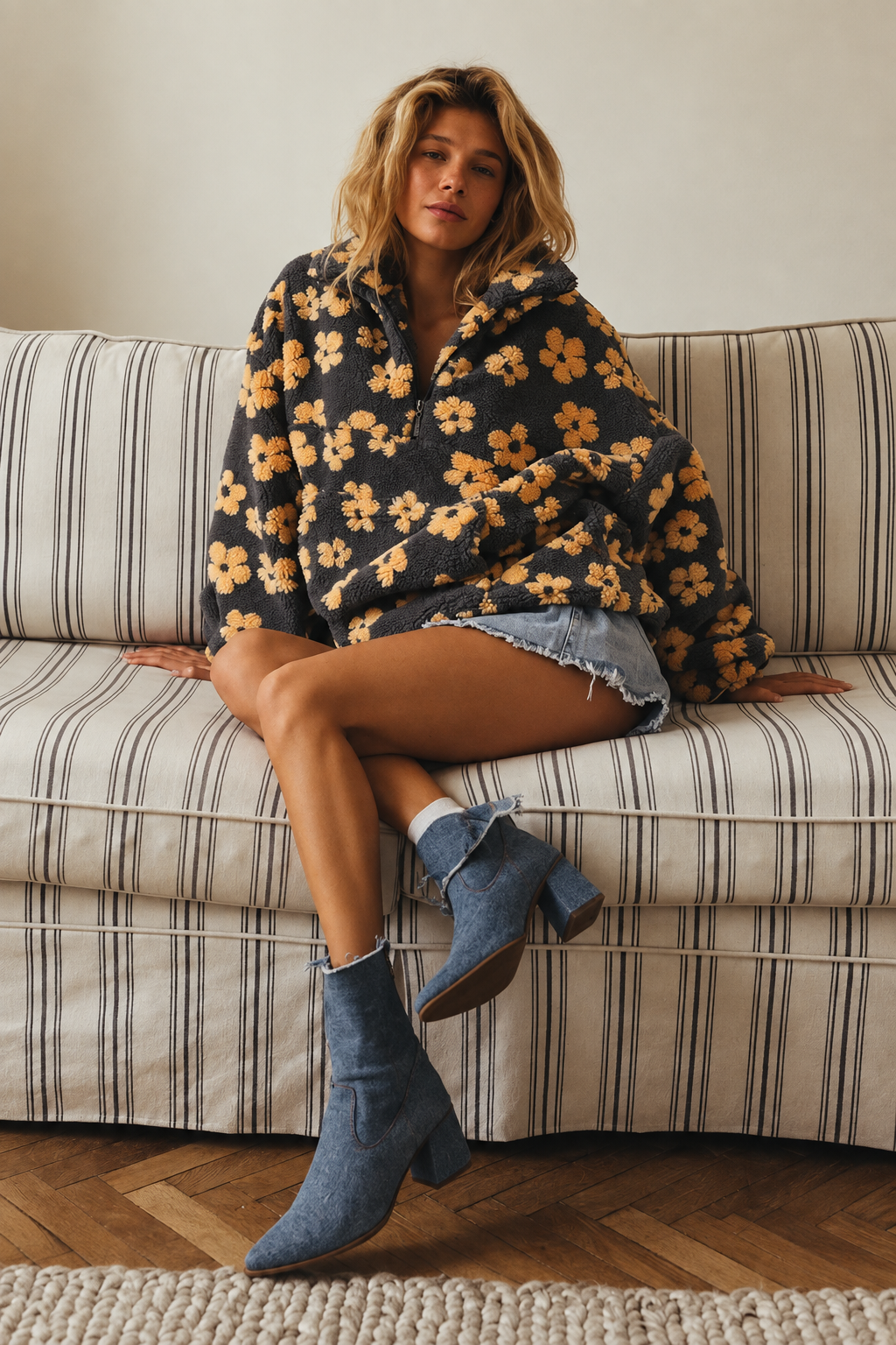 Women's Polar Fleece Flower Blossom Stand-Up Zip Top Sweater