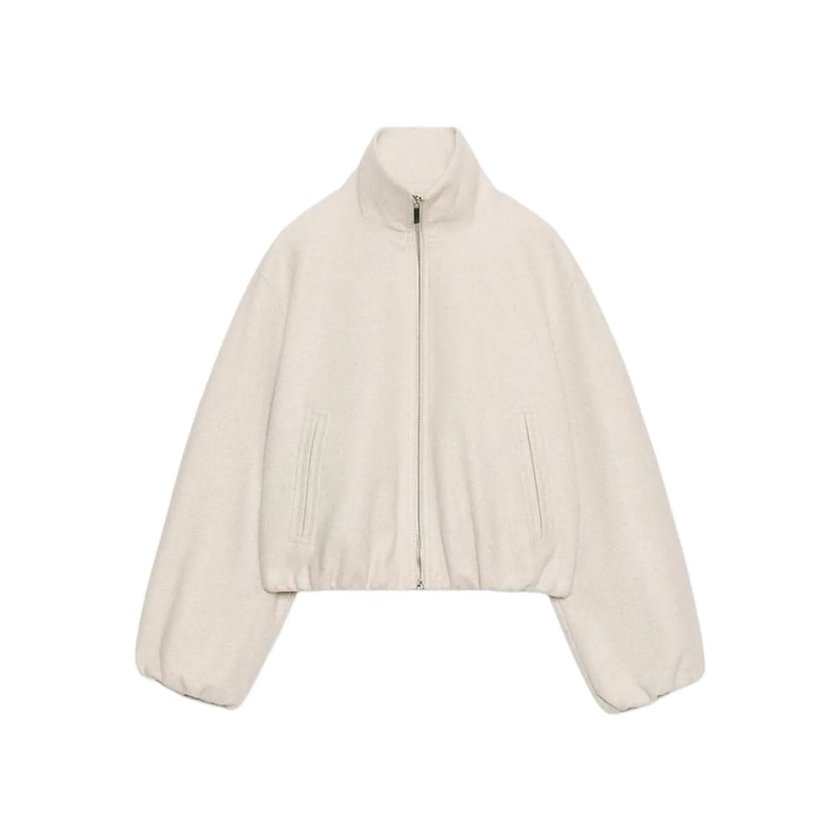 A cropped, long-sleeve zip-up jacket in a light cream or off-white color, featuring a stand-up collar, front zipper, and side pockets, shown against a plain white background.