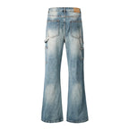Light blue wash denim cargo flare jeans shown from the back, featuring a brown leather patch on the waistband and multiple cargo pockets, set against a plain white background.