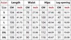 A size chart table with columns for Asian length, waist, hips, and leg opening, showing measurements in CM and Inch for sizes S through 3XL.
