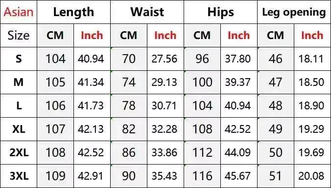 A size chart table with columns for Asian length, waist, hips, and leg opening, showing measurements in CM and Inch for sizes S through 3XL.