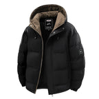 Black puffer jacket with brown hood on a white background