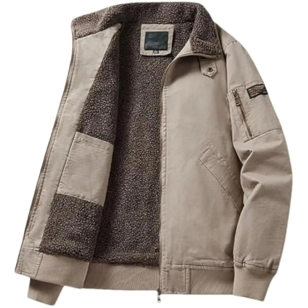 A men's beige utility jacket with a dark brown sherpa fleece lining, shown open against a plain white background.