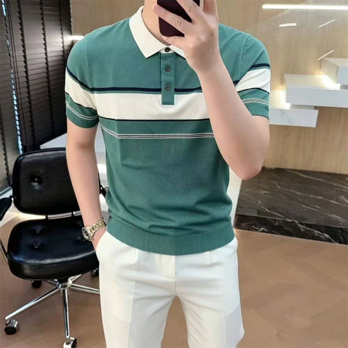 Men's Summer Knitted Striped Polo – Short Sleeve Shirt