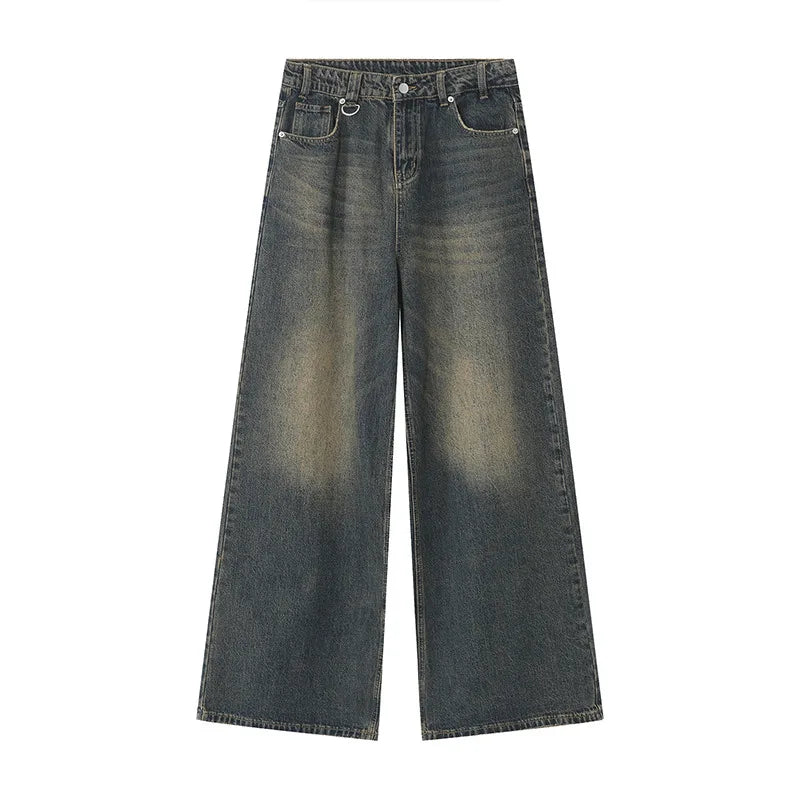 Wide-leg denim jeans in a faded charcoal gray wash, featuring a high waist, belt loops, and front pockets, shown flat against a white background.