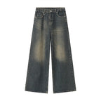 Wide-leg denim jeans in a faded charcoal gray wash, featuring a high waist, belt loops, and front pockets, shown flat against a white background.