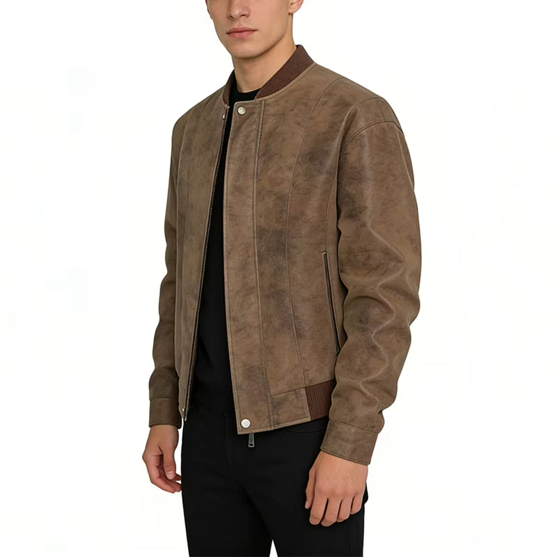 Brown suede jacket worn by a person on a white background