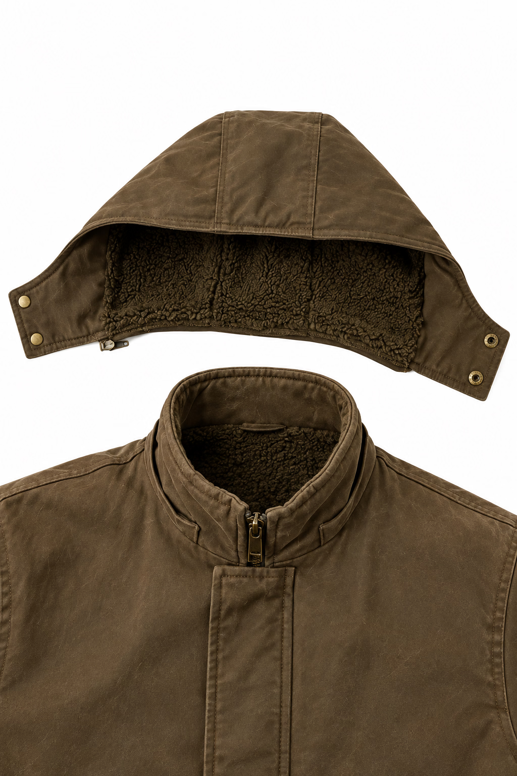 Brown jacket detail display showing the detachable hood and inner fleece lining, with Chinese and English text labels on a white background.