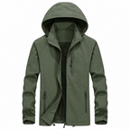 An olive green hooded jacket with a black fleece lining, shown on a plain white background.