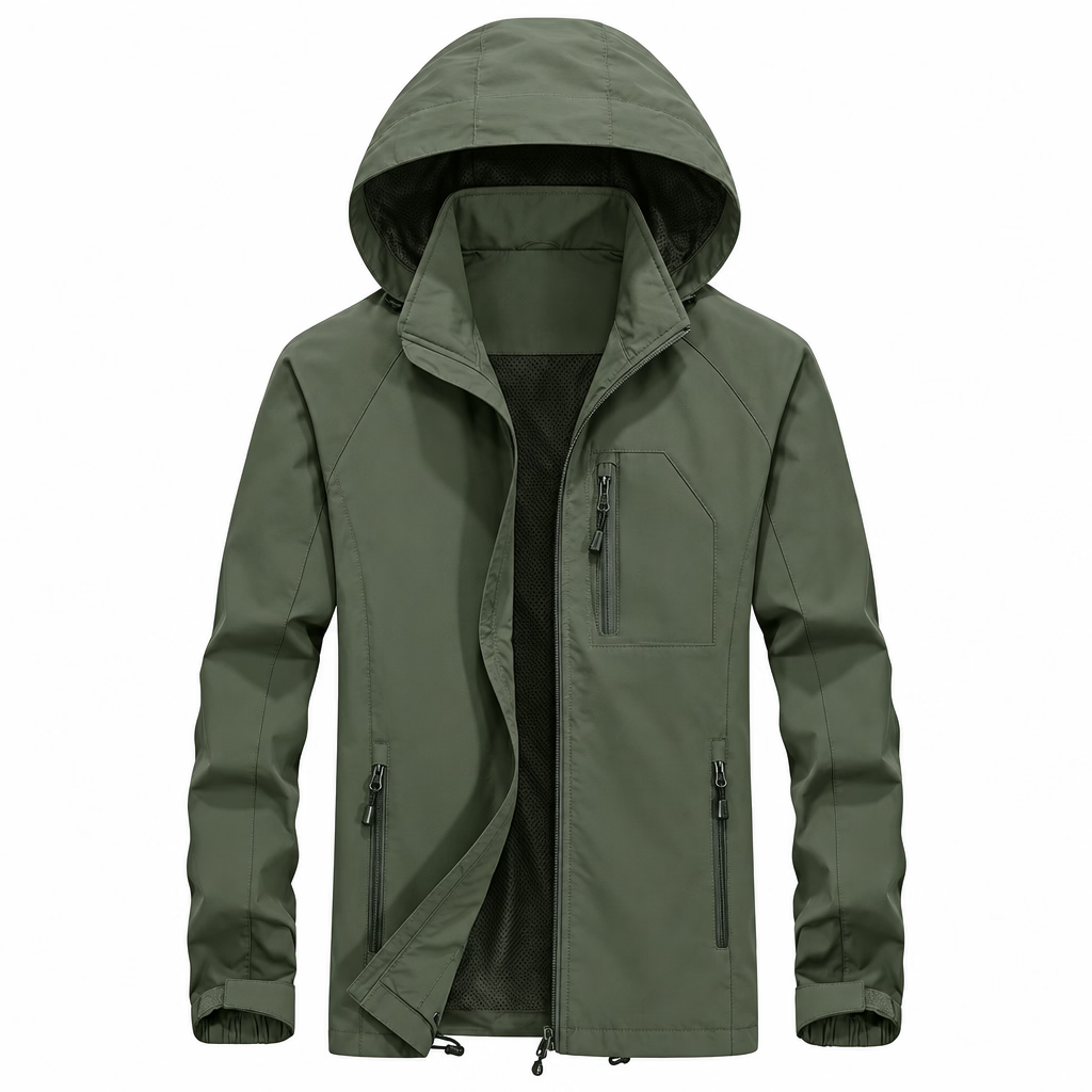An olive green hooded jacket with a black fleece lining, shown on a plain white background.