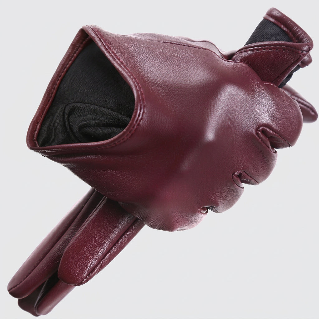 Maroon leather glove with brand logo on a white background
