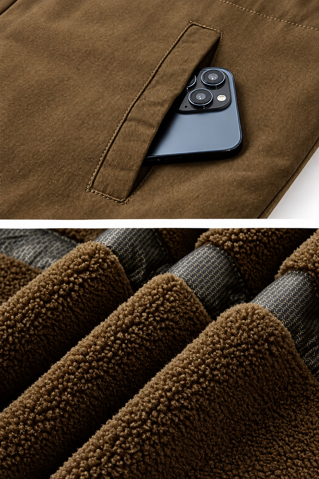 Close-up of brown outerwear fabric with a side pocket holding a blue smartphone, plus two detail panels showing the pocket function and soft fleece lining texture. Chinese text labels the feature details.