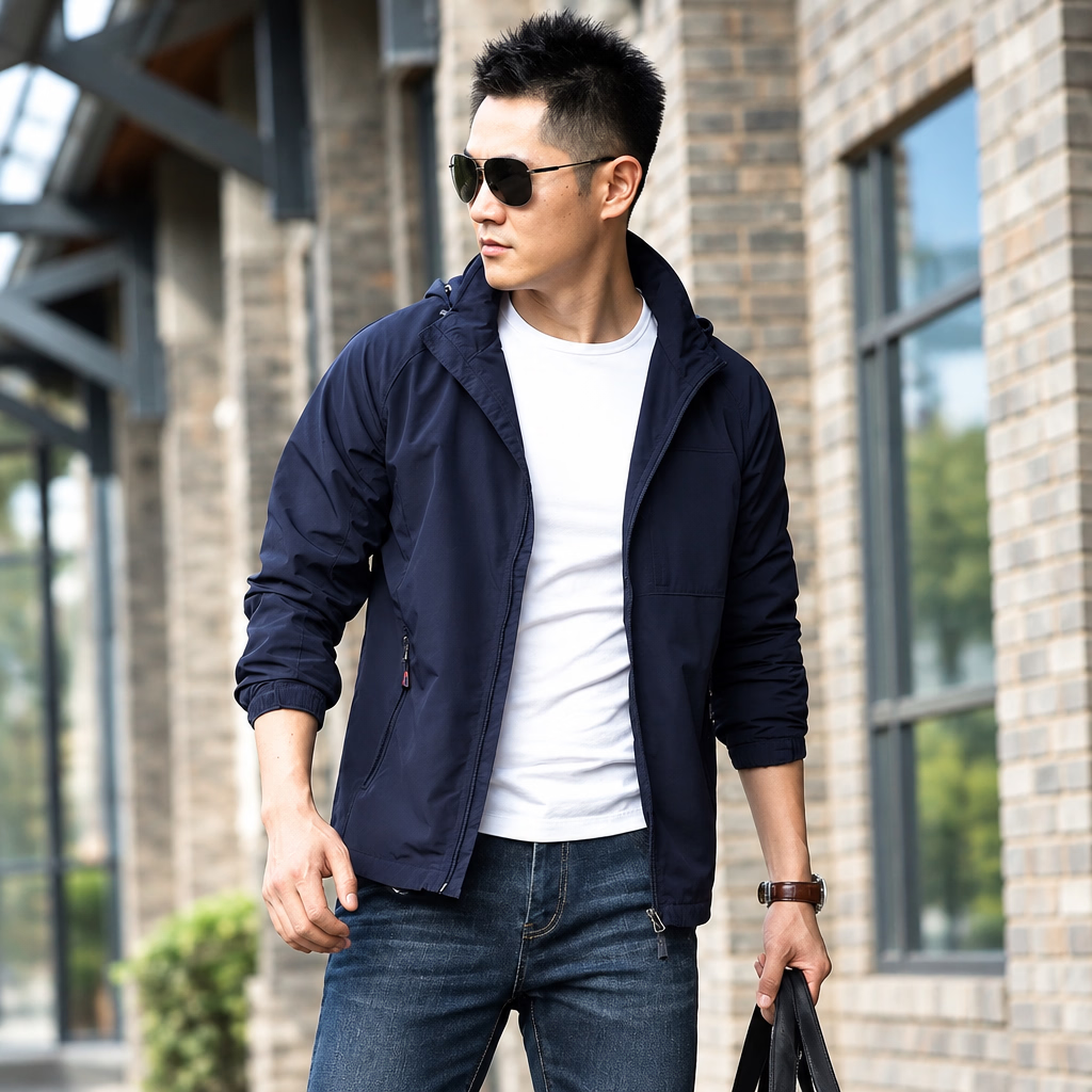 A man wearing a dark navy lightweight zip-up jacket over a white t-shirt and jeans, standing outdoors against a brick wall background.