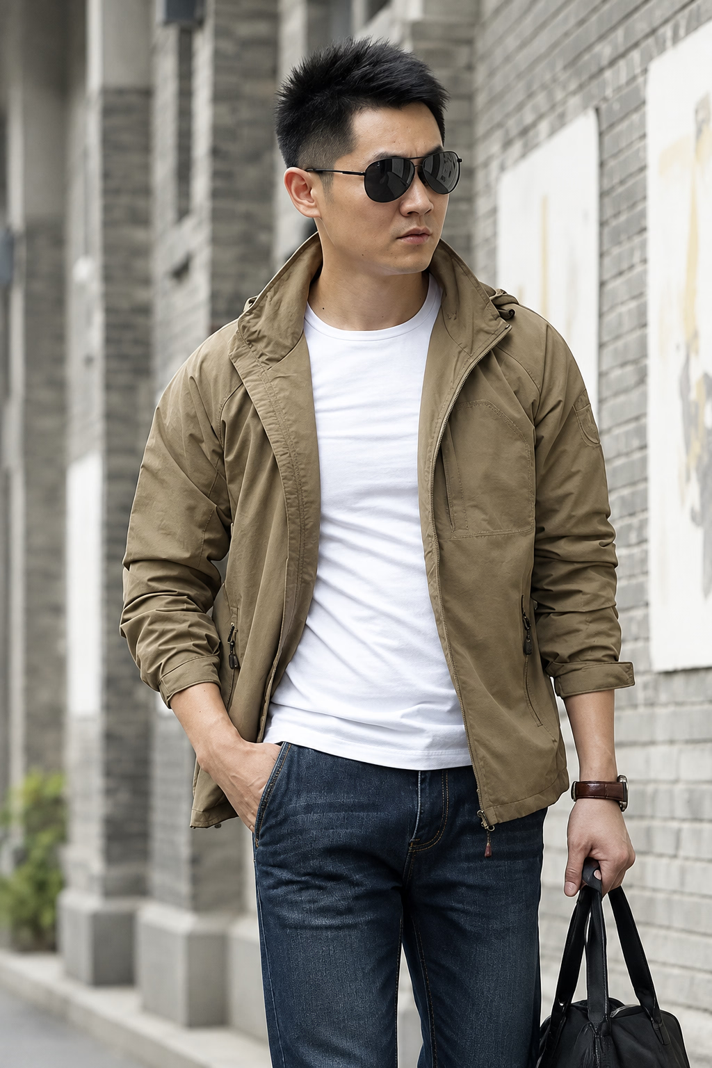 Man wearing a beige jacket, white shirt, and sunglasses against a brick wall.