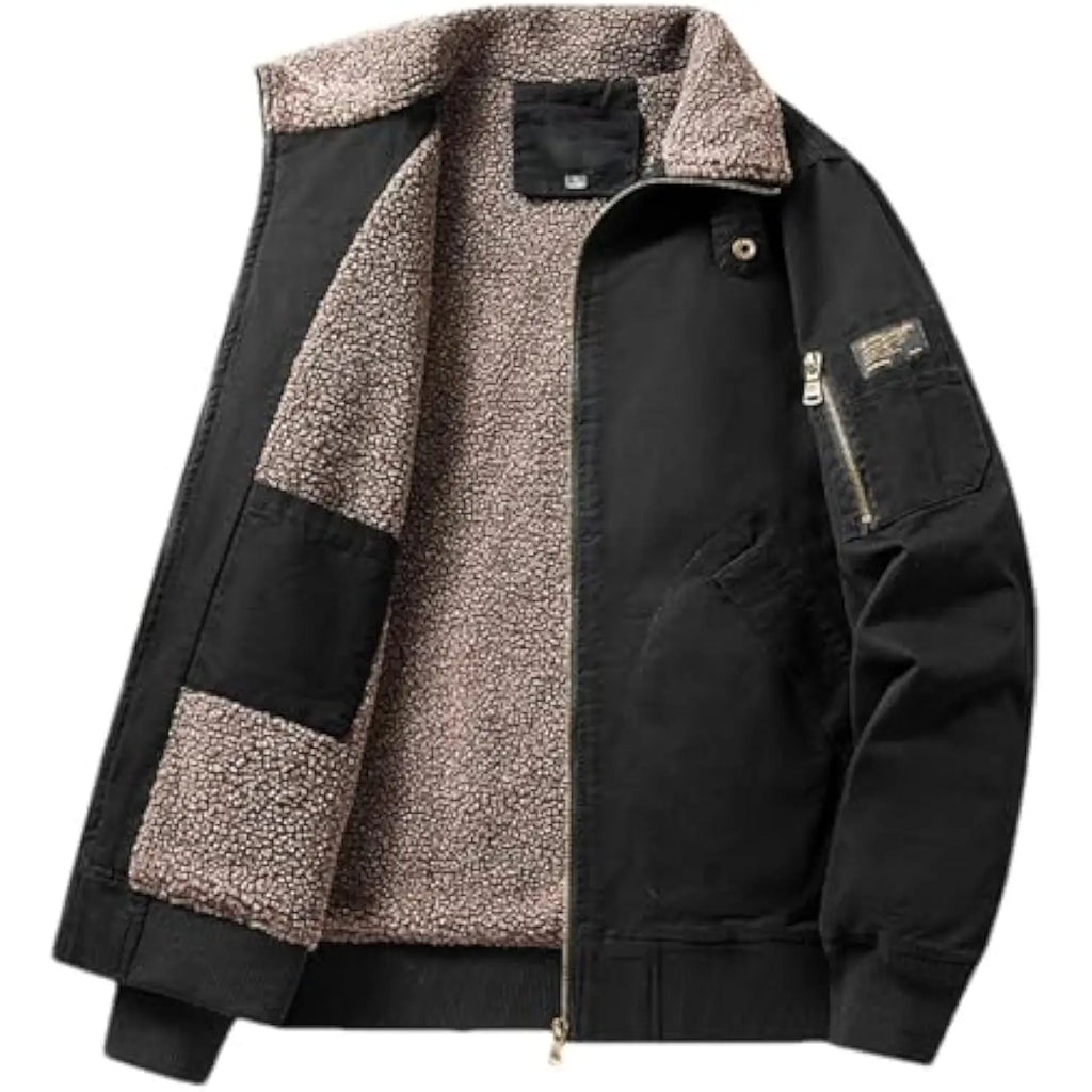 Black jacket with brown sherpa lining on a light gray background