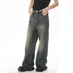 Person wearing wide-leg jeans on a white background