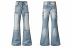 A pair of light blue denim flare jeans shown from both the front and back views. The front features a button fly, a high waist, and large distressed patches on the thighs and flared legs.