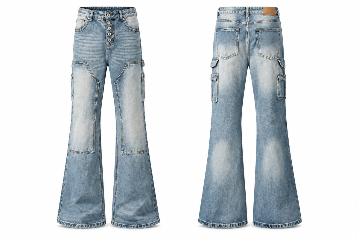 A pair of light blue denim flare jeans shown from both the front and back views. The front features a button fly, a high waist, and large distressed patches on the thighs and flared legs.