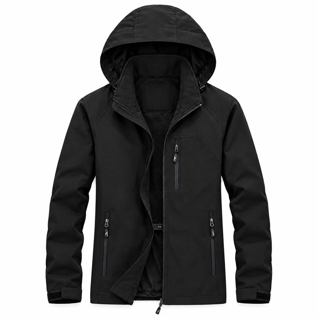 Black hooded jacket on a white background