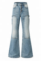 Light blue denim flare jeans with a button fly, front patch pockets, and cargo pockets on the thighs, shown against a plain white background.