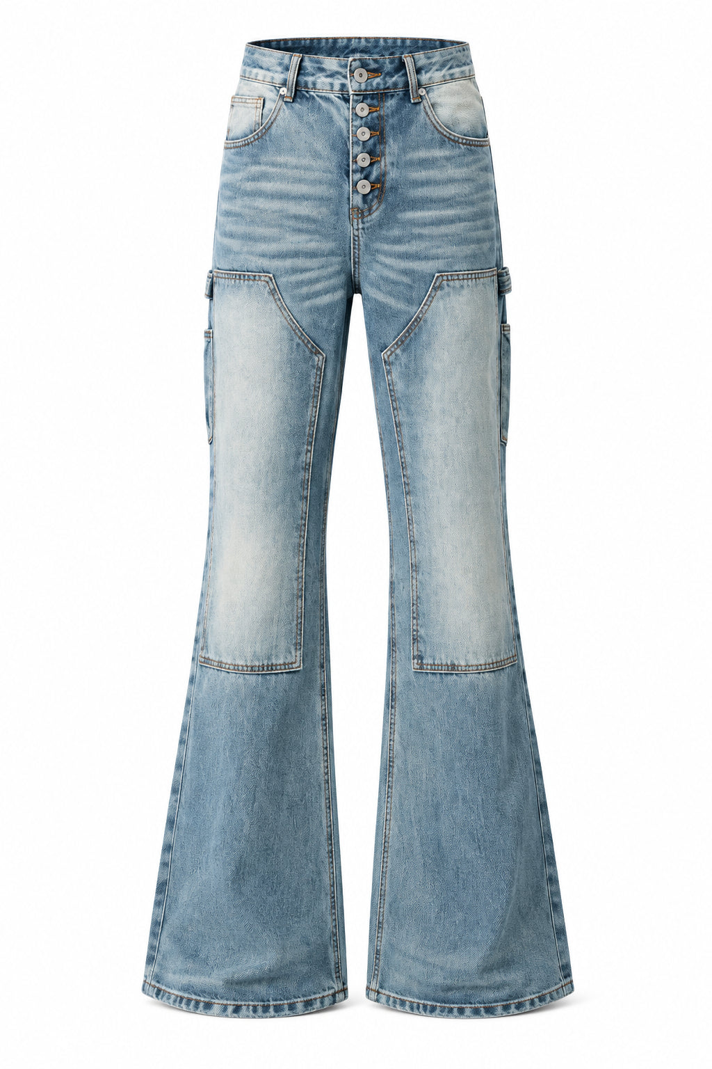 Light blue denim flare jeans with a button fly, front patch pockets, and cargo pockets on the thighs, shown against a plain white background.