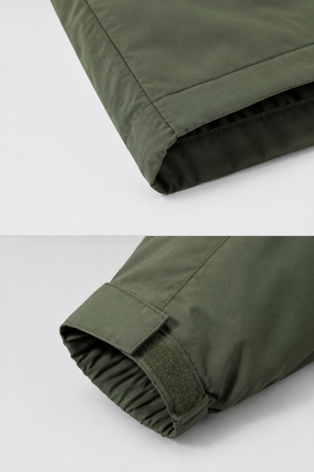 Close-up of a green fabric with stitching detail on a white background