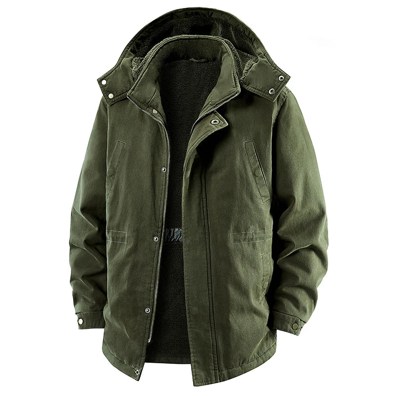 An olive green hooded jacket with a black inner lining, displayed on a white background.
