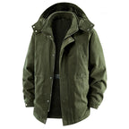An olive green hooded jacket with a black inner lining, displayed on a white background.