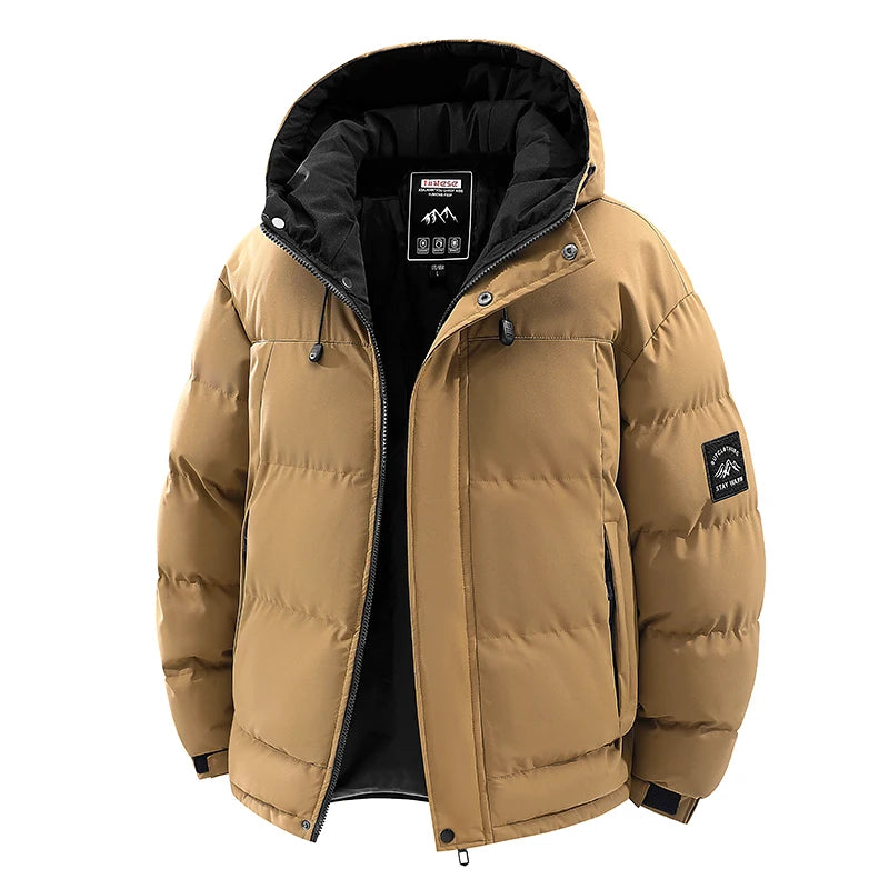 Tan puffer jacket with black interior and visible brand logo on a white background