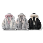 Three hoodies with different fur-lined hoods on a white background