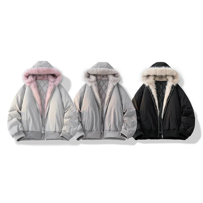 Three hoodies with different fur-lined hoods on a white background