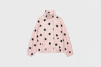 A light pink lightweight jacket with black polka dots, featuring a stand-up collar and front zipper, shown against a plain white background.