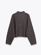 A dark brown cropped knit sweater with long draped batwing sleeves and a mock neck, shown from the back on a light gray background.